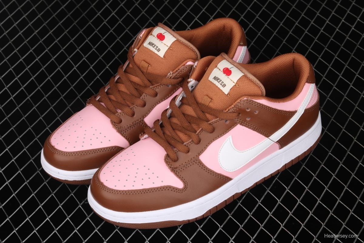 Stussy x SB DUNK Low Pro Cherry cherry pink brown skateboard shoes with low uppers 304292-671