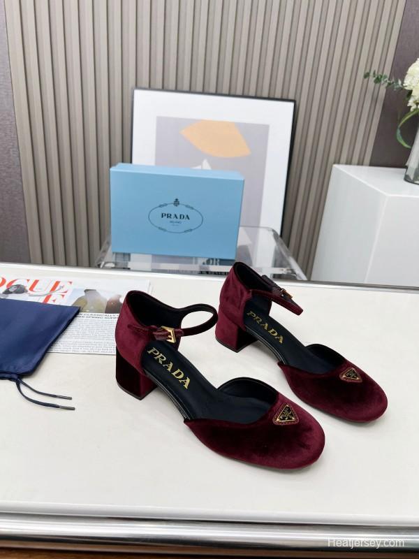 2025 Women Prada Burgundy Velvet Mary Jane Buckle KFY00270