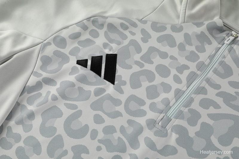 2025 Adidas Light Grey & Black with Leopard Print Pattern Half Zipper Jacket +Long Pants
