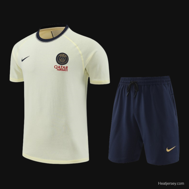 23/24 PSG Light Yellow Cotton Short Sleeve Jersey+Shorts